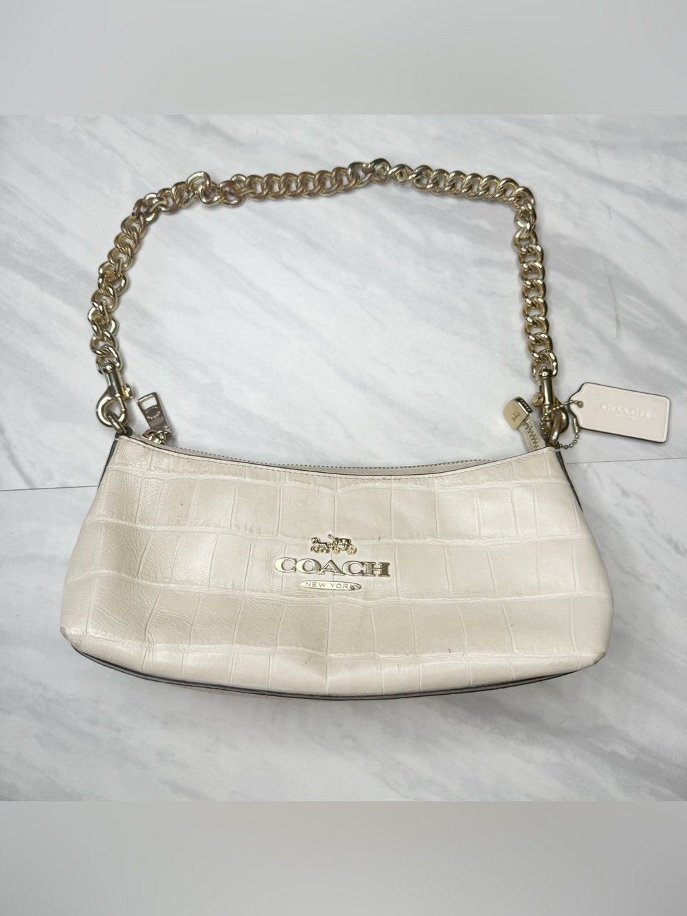 Coach Cream Croc-Embossed Mini Shoulder Bag with Gold Chain